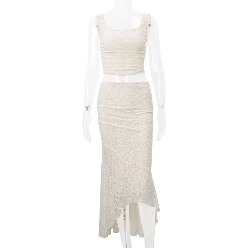 Gtpdpllt Elegant Lace Two Piece Set Women Irregular Long Skirt And Corset Top French Style Bodycon Dress Matching Sets - Chrissy's Eye