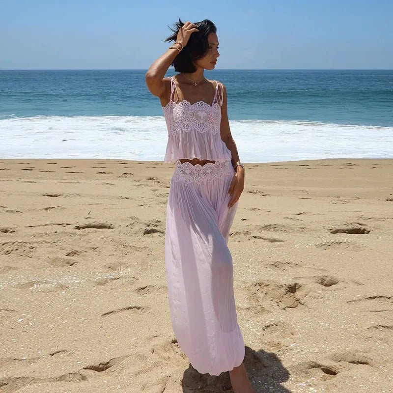 2026 Summer Fashion Square Neck Ruffled Crop Top & Long Pants 2-Piece Set Elegant Boho Resort Vacation Casual 2 Pcs Beach Outfit - Chrissy's Eye