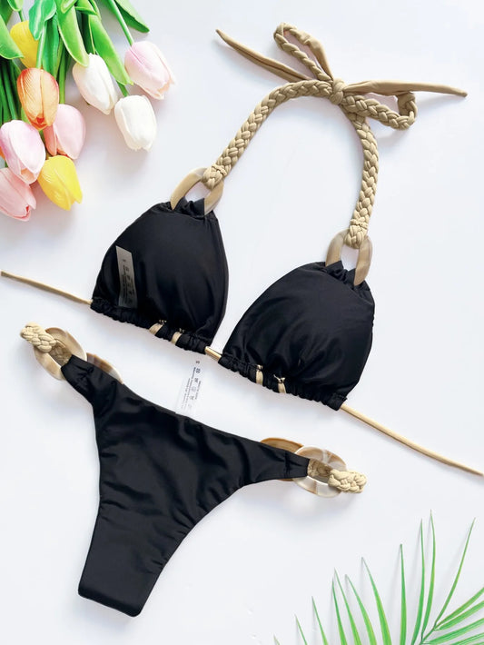 Weave triangle swimsuit lady biquinis Brazilian women bikini ring sexy bathing suit 2025 two pieces suits Halter micro swimwear - Chrissy's Eye