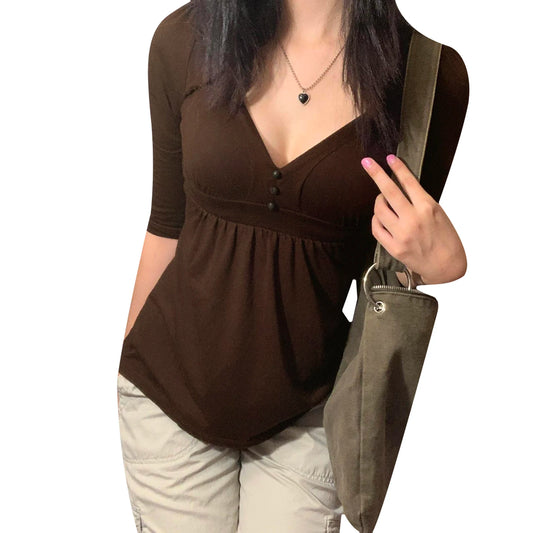 2000s Women's Clothing Solid Color Shirt, Elbow Length Sleeve V-neck Button Decor Chest Loose Hem Tops Tee for Female - Chrissy's Eye