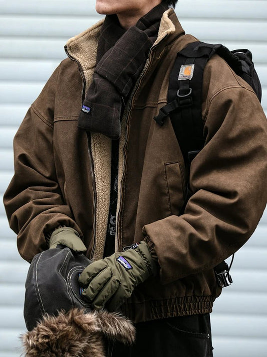 Men's Heavyweight Jacket Vintage PU Coated Windproof Thick Fleece Lined Warm Distressed - Chrissy's Eye