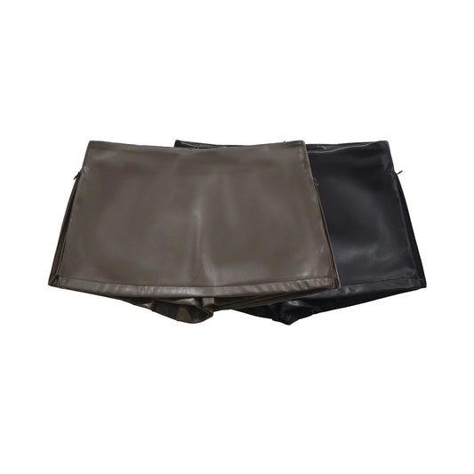 Black Mini Skirts Elegant Korean Fashion Faux Leather Skirts For Woman Low Rise Skirts Split Leather Skirt With Shorts Brown - Chrissy's Eye