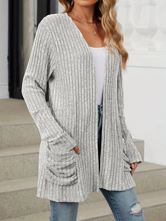 Plus Size Open Front Cardigan Casual Dual Pockets Long Sleeve Cardigan For Fall Women's Plus Size Clothing - Chrissy's Eye