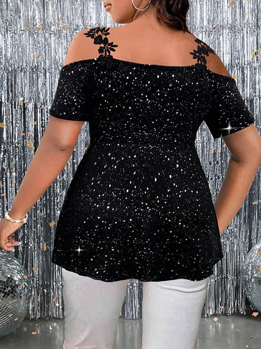 Plus Size Women's T-Shirt Cold Shoulder V Neck Lace Glitter Peplum Tops Glam Spring Summer Chic T-Shirt Party Stretchy Tops - Chrissy's Eye