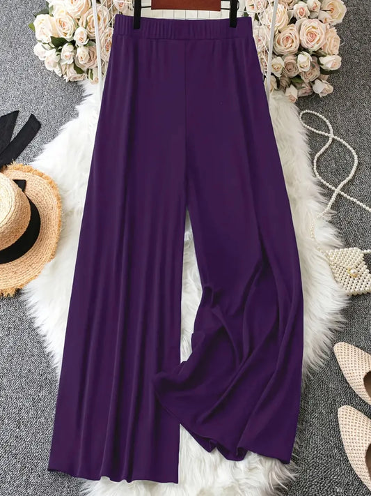 Women's High-Waisted Wide-Leg Pants Solid Color Loose Comfortable Casual Trousers with Decorative Buttons Fashionable - Chrissy's Eye