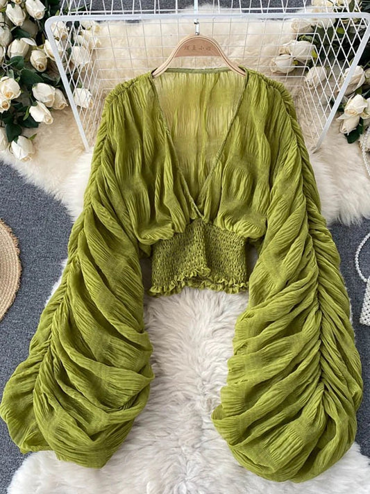Summer Sexy Draped Chiffon Blouse For Women Elegant V-Neck Puff Long Sleeve Short Tops Female Slim Party Shirts 2022 New Fashion - Chrissy's Eye