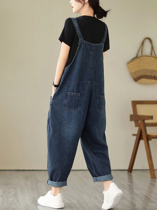 Fall Women's Loose Jeans Overalls Deep Blue High Waist Design Sensation plus Size Faion plus Size Women's Loose Slimming - Chrissy's Eye
