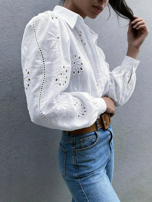 Women's Blouse Spring Summer White Eyelet Embroidery Puff Long Sleeve Valentine's Day Elegant Romantic Casual Vacation Top - Chrissy's Eye