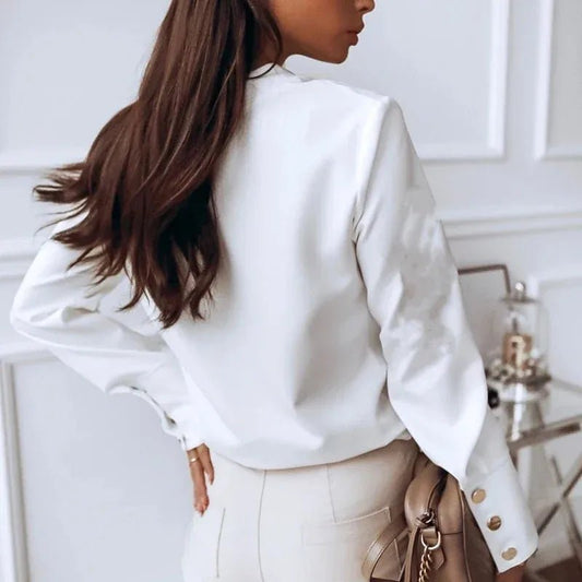 Long Sleeve Stand Collar Office Lady Tops Button Up Women Blouse White Casual Woman Shirt Fashion Black Loose Shirts 10619 - Chrissy's Eye