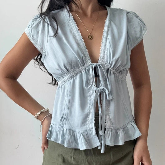 Fairy Lace Trim Blouse Streetwear Teen Girl Ruffles Hem Short Sleeve T Shirt Bow Tie Crop Top Women Y2k Open Front Crop Tops - Chrissy's Eye