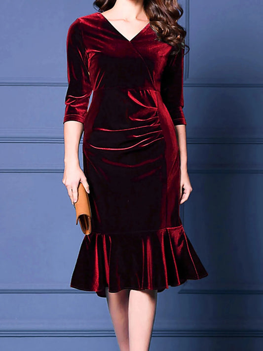 Elegant Plus Size Velvet Midi Dress for Women with V-Neck Three-Quarter Sleeves and Ruffled Hem Ideal for Parties and Special Oc - Chrissy's Eye