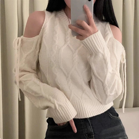Chic Solid Color Off Shoulder Lace Up Women's Knitted Sweater - Chrissy's Eye