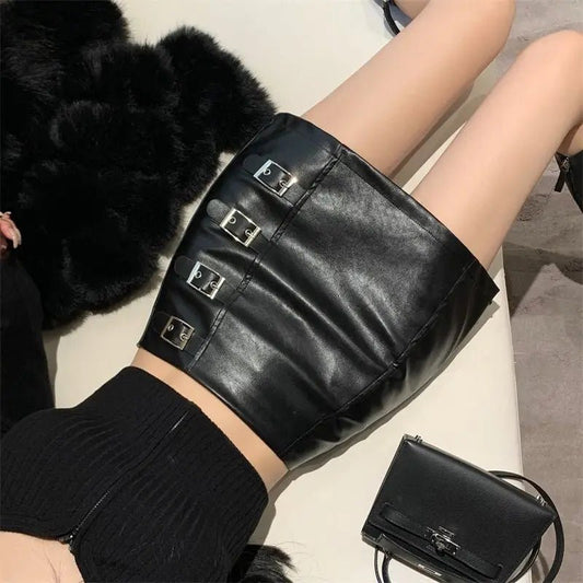 Black Mini Pu Leather Skirt Women Korean Fashion High-Waisted Elasticity Punk Style Bodycon Goth Sexy Skirts Female - Chrissy's Eye