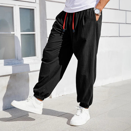 Men's Harem Pants Loose Fit Chinese Style Cotton Linen Solid Color Cozy Sweatpants Joggers High Quality Male Casual Trousers - Chrissy's Eye