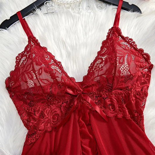 2 Pcs Set Sexy Lingerie Set Women Deep V Slip Dress Thong Erotic Bra Panty Sets Lace Nightdress Transparent Soft Nightgown - Chrissy's Eye