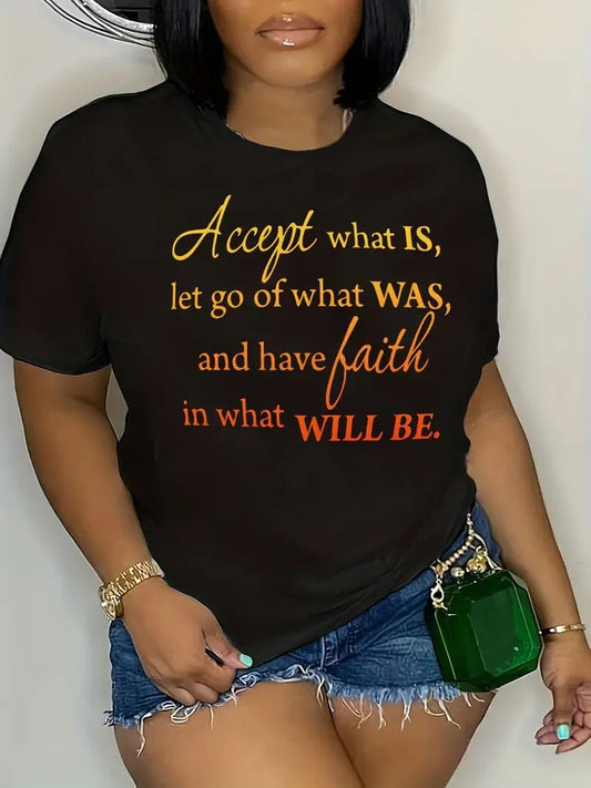 Plus Size Casual T-shirt Women's Plus Ombre Letter Graphic Short Sleeve Round Neck Medium Stretch Top - Chrissy's Eye