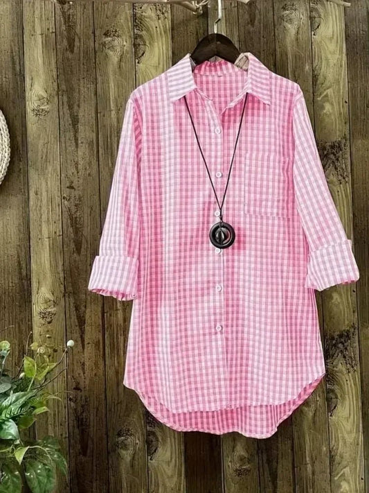Plus Size Plaid Women's Cotton Linen Long Sleeves Roll Up Striped Casual V Neck Button Down Shirts Blouses Collar Tunic Tops - Chrissy's Eye