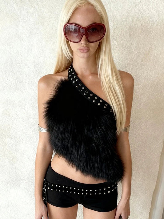 Hipster Sexy Furs Patchwork Tank Tops Women Trend Halter Sleeveless Metal Hollow Midnight Party Club Skinny Chic Vests - Chrissy's Eye