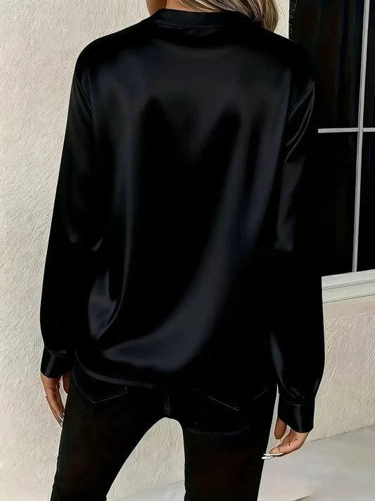 Elegant Long Sleeve V-Neck Silk-Like Top for Women, Perfect for Office & Evening Wear - Chrissy's Eye