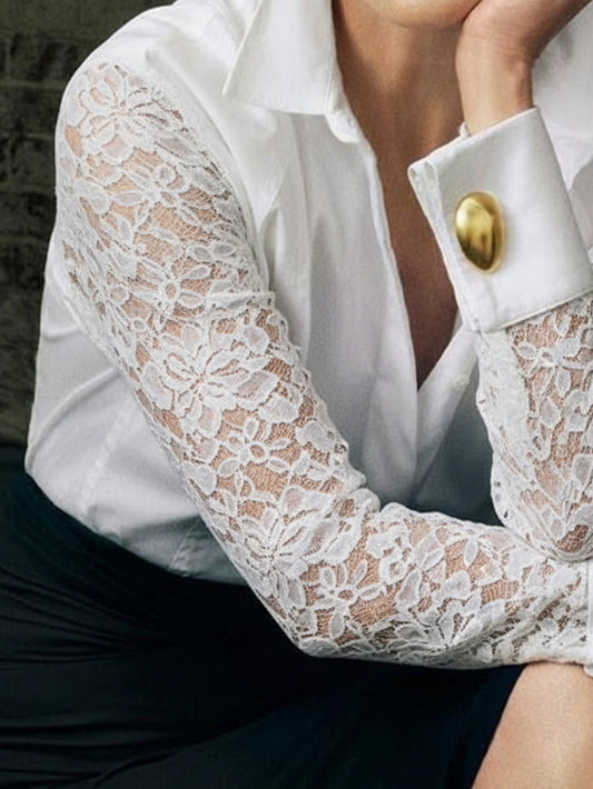 Autumn Spring Women's White Lace Shirts 2026 See-Through Long Sleeves Simple Blouse Flower Print for Urban Ladies - Chrissy's Eye