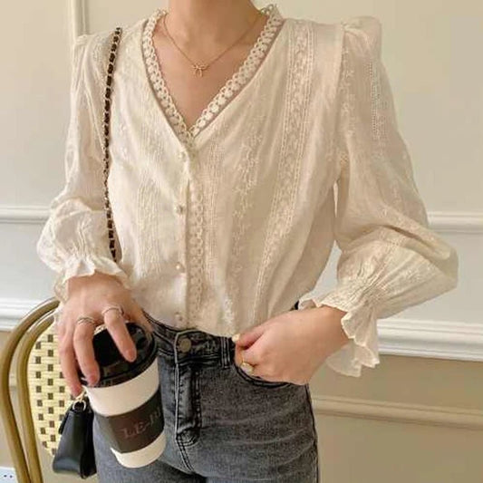 Ele Women's Long Sve Lace irt V-Ne Design Korean Sle Commute Cotton Blend Fabric Pure Color Straight Cut - Chrissy's Eye