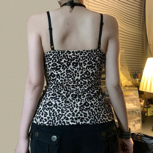 SUCHCUTE Leopard Print Slim Sexy Camisole Y2K Vintage 2000s Lace Patchwork V Neck Spaghetti Strap Tank Top Women Summer Vest New - Chrissy's Eye