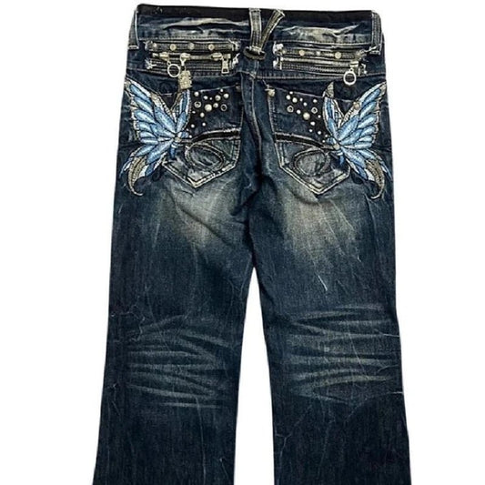American Fashion High Street Large Size Butterfly Embroidered Women Jeans Y2K Millennium Harajuku Slim Flared Jeans - Chrissy's Eye