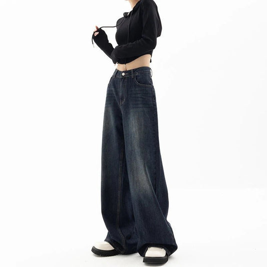 Retro Street Style Wide Leg Pants Niche Design Floor Length Pants High Waisted Loose Fit Slimming Jeans For Women - Chrissy's Eye