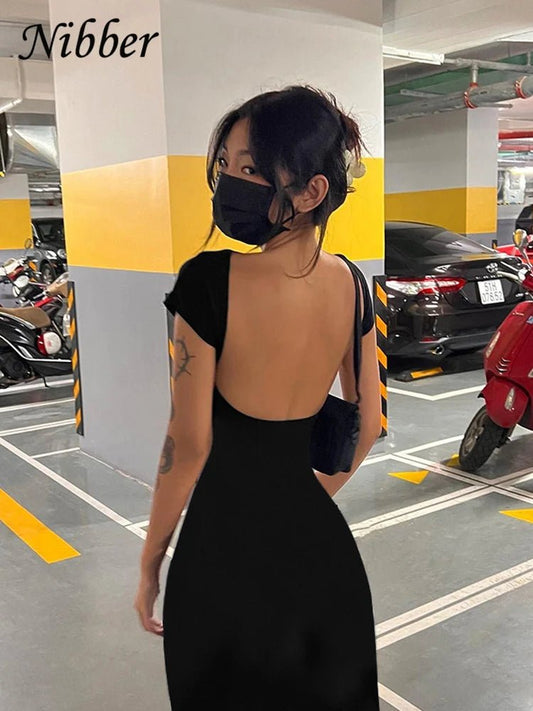 Nibber Solid Sexy Backless Maxi Dress Women Elegant Elastic Slim Short Sleeve Long dresses Female Bodycon Streetwear Clothing - Chrissy's Eye