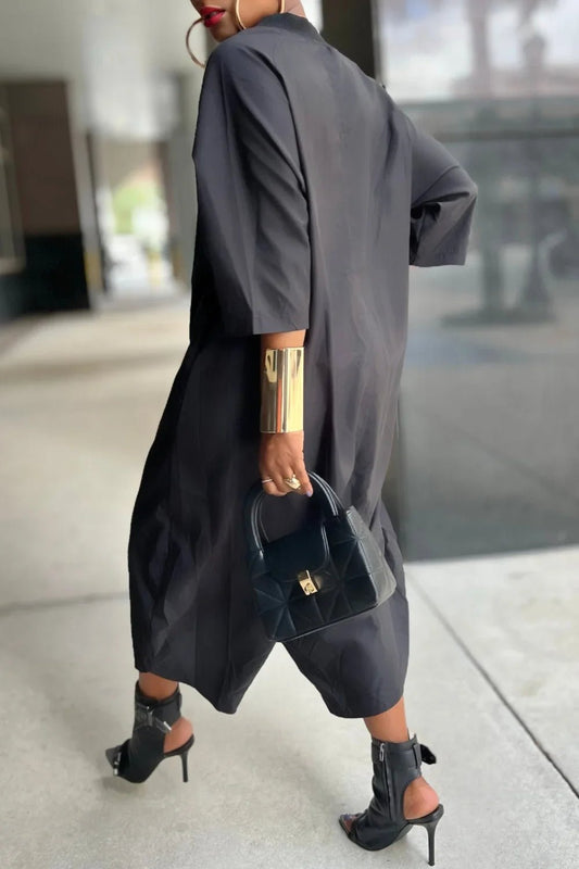 Women Plus Size Jumpsuit Business Casual Black Shirt Collar 3/4 Sleeve Pocket Harem Pants Rompers Single Breasted Loose Outfits - Chrissy's Eye