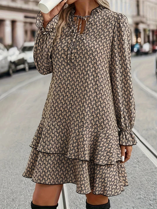 Plus Size 1XL-5XL Women Fashion Print Dress V-neck Casual Long Sleeve Party Flare Sleeve Ruffle Loose Dress - Chrissy's Eye