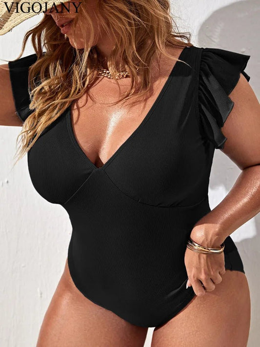 Solid Sexy Plus Size Swimwear Women Ruffle Short Sleeve Large One Piece Swimsuit Summer Beach Chubby Bathing Suit - Chrissy's Eye