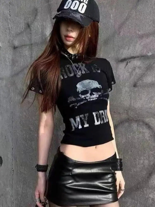 Seeslim Goth Print Women's T-shirt Short Sleeve Gothic Graphic Tee Female Clothing 2000s Clothes Y2k Summer Tops Slim Tshirt - Chrissy's Eye