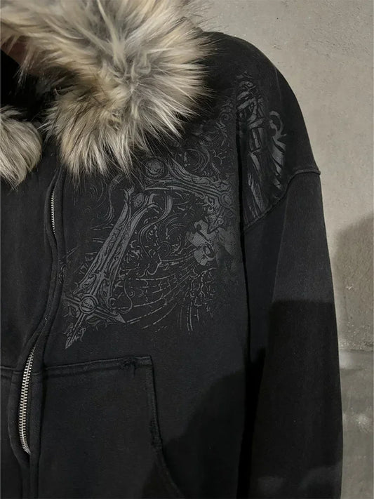 Autumn/Winter Women Aesthetic Faux Fur Collar Hoodies Clothes Graphic Hip Hop Punk Gothic Zip Up Hoodies 2025 new - Chrissy's Eye