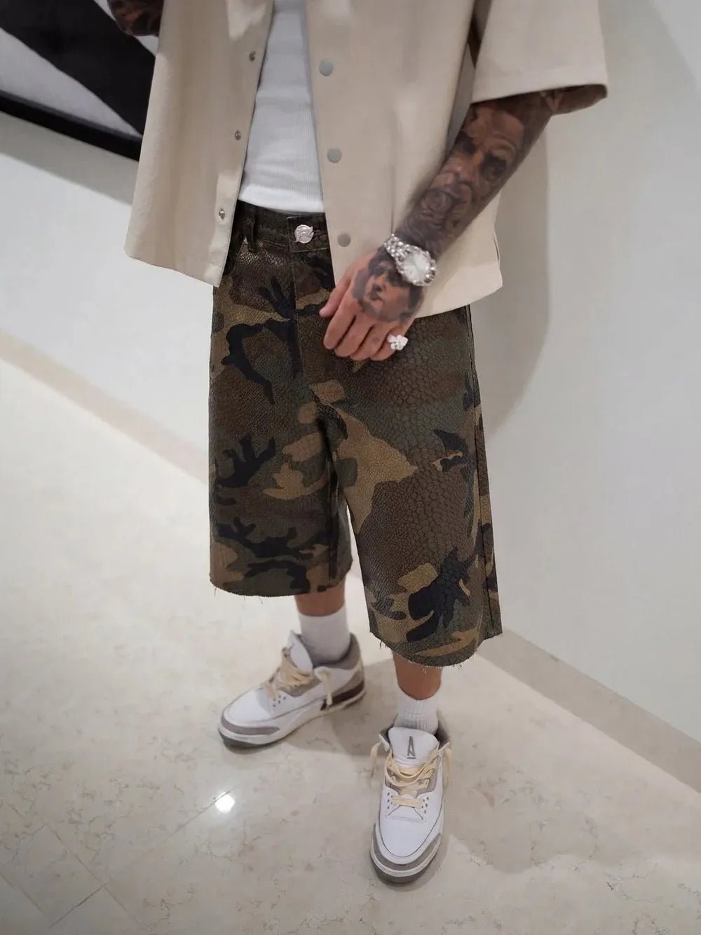 Python Camo Print Retro Cowboy Denim Shorts High Street Hip Hop Middle Pants High Waist Straight Tube Loose Five Point Shorts - Chrissy's Eye