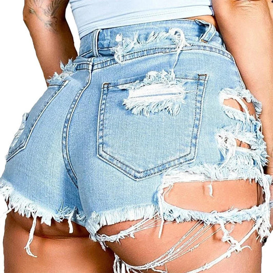 2024 Women's Sexy Y2K Ripped High Waist Denim Shorts with Hollow Out Hole Irregular Tassel Blue Slim Streetwear Summer Fashion - Chrissy's Eye