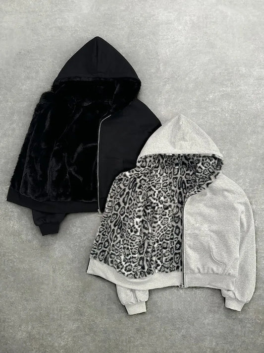 Unisex hoodie hooded sweatshirt with leopard print lining pocket, loose cardigan, zipper sweatshirt, streetwear style - Chrissy's Eye
