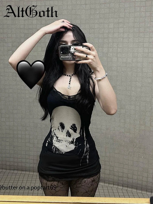 AltGoth Cyber Punk Gothic Dress Women Streetwear Harajuku Skull Printed Sleeveless High Waist Bodycon Dress Grunge Rave Outfits - Chrissy's Eye