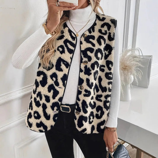 2026 Autumn Winter New Leopard Print Sleeveless Plush Vest Women Single Row Button Versatile Warm Fashion Versatile - Chrissy's Eye