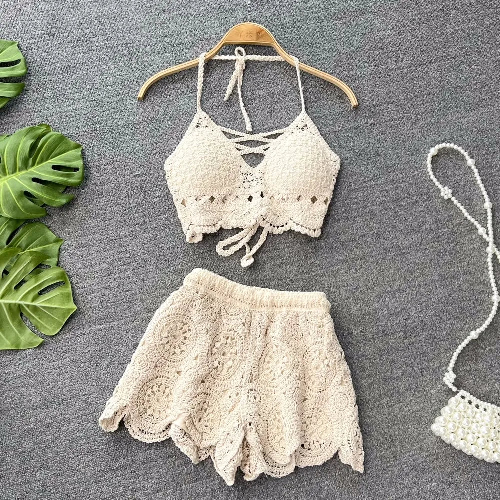 SINGREINY Knit Two Piece Sets Women Summer Vacation Backless Camisole Elastic Waist Shorts Hollow Out Y2K Beach Style Suits - Chrissy's Eye