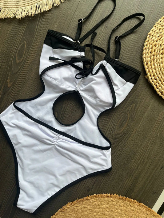 New Black White Patchwork Swimwear Women 2026 Starfish Bandeau Hollow Out Backless Thong One Piece Swimsuit Beach Bathing Suits - Chrissy's Eye