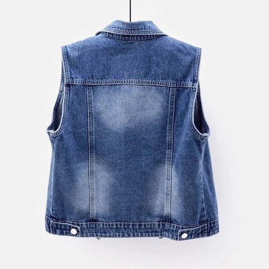 Women Denim Vest Luxury Pearls Fashion 2025 Spring Autumn Jeans Jacket Sleeveless Loose Short Coat Waistcoats Streetwear Female - Chrissy's Eye