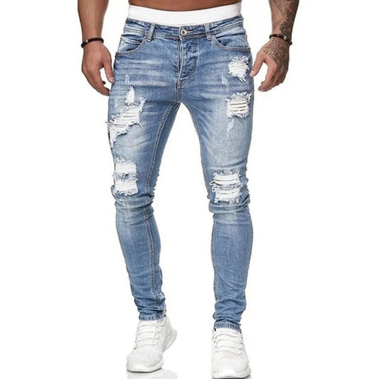 Fashion Street Style Ripped Skinny Jeans Men Vintage wash Solid Denim Trouser Mens Casual Slim fit pencil denim Pants hot sale - Chrissy's Eye