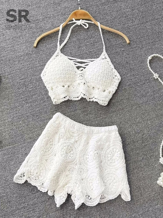 SINGREINY Knit Two Piece Sets Women Summer Vacation Backless Camisole Elastic Waist Shorts Hollow Out Y2K Beach Style Suits - Chrissy's Eye