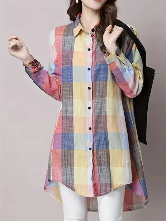 Plus Size Women's Blouses 2025 New Loose Vintage Stripe Plaid Shirt Lightweight Long Sleeve Travel Wear Elegant Top Korean Style - Chrissy's Eye