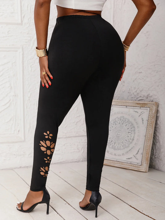 Plus Size Women's High-Elasticity Skinny Pants with Floral Pattern Hollow Comfortable Leggings Fashionable Knit Long Trousers - Chrissy's Eye