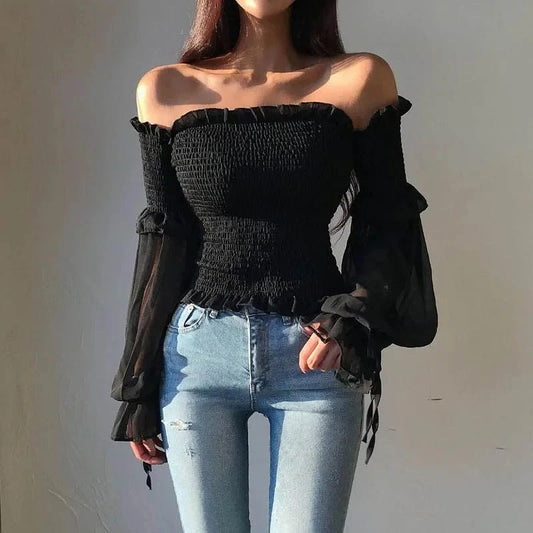 Off Shoulder Fashion Pleated Bow Blouse 2024 Spring Women Long Sleeve Cropped Tops Solid Color Ladies Shirt Lace Up Corset 12813 - Chrissy's Eye