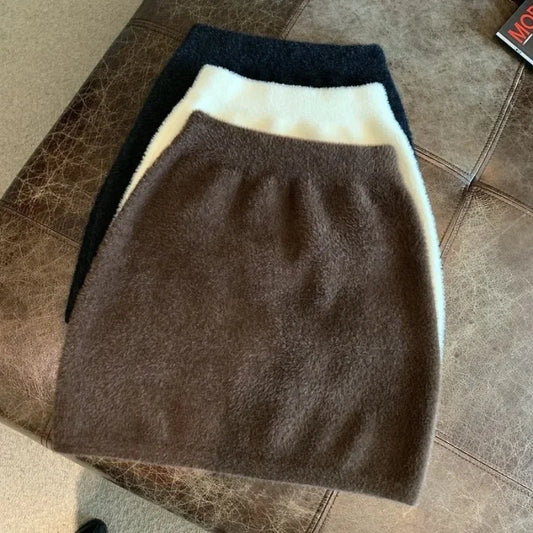 Elastic Waist Slim Women Short Skirt Sexy Elegant All-Match Basic Mini Skirt Winter Sweet Casual Knit Imitation Mink Fur Skirt - Chrissy's Eye