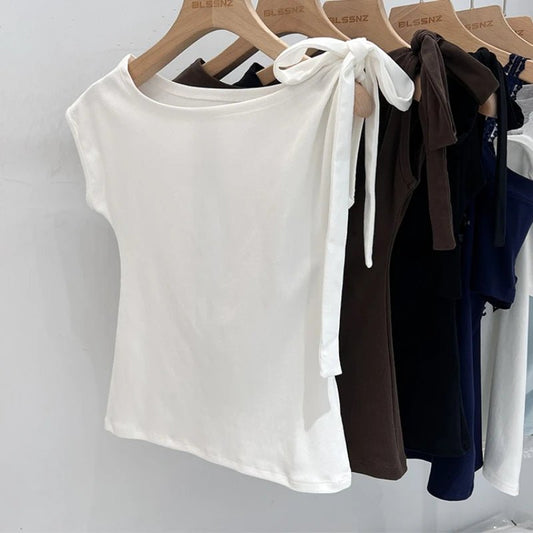 Trendy High Street Solid Color Bow Tie Asymmetric Shoulder T-shirt 2026 Summer Women Tshirt Sexy Fashion Slim Fit Tees Crop Top - Chrissy's Eye