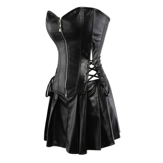 Leather Corset Dress Lace up Zipper Sexy Women Bustier Top with Mini Skirt Set Overbust Burlesque Costumes Body Shaper Plus Size - Chrissy's Eye